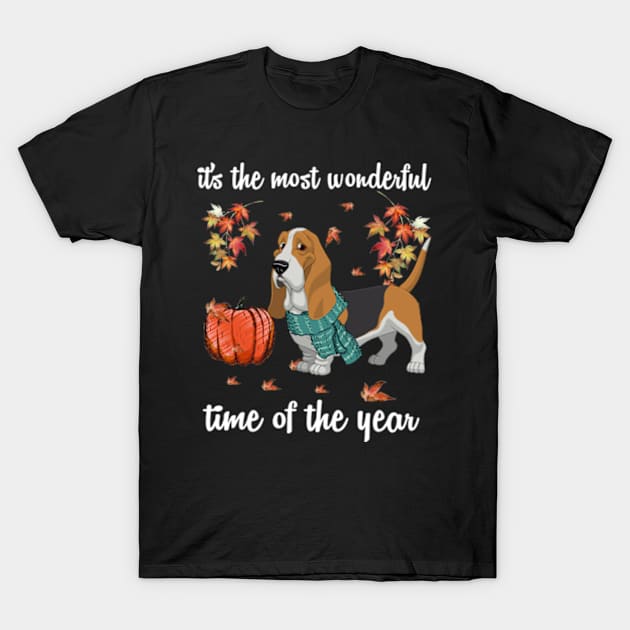 Basset Hound Dog Autumn Fall Most Wonderful Time Maple Gift T-Shirt by AstridLdenOs